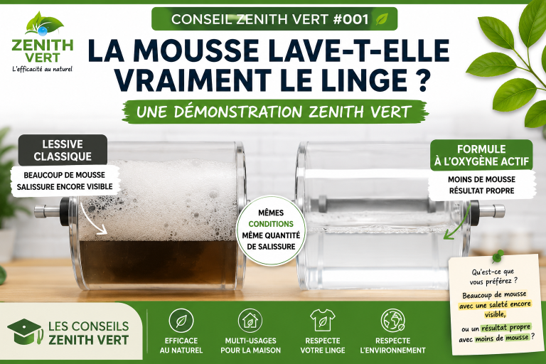Démonstration Zenith Vert comparant une lessive classique et une formule à l'oxygène actif.